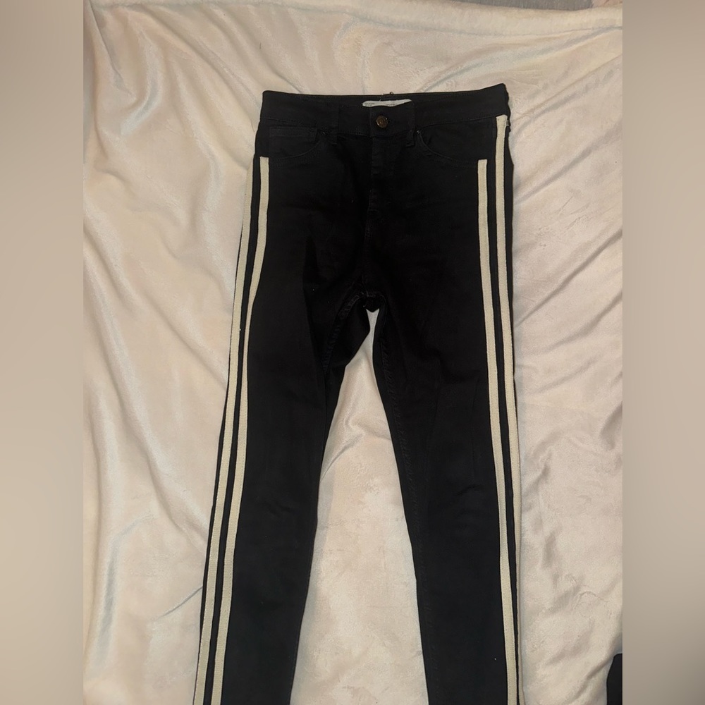 Topshop Black High Waisted White Striped Skinny Jeans